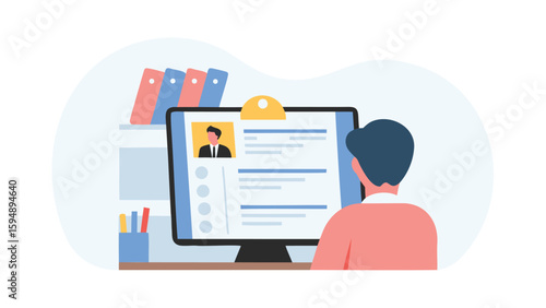 Person viewing resume on computer screen with folders and office supplies on the desk behind them