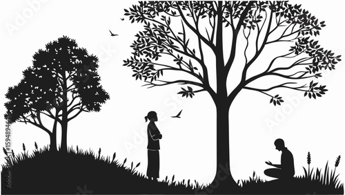 Black and white silhouettes of man and woman separated in nature, peaceful contemplation and solitude outdoors.