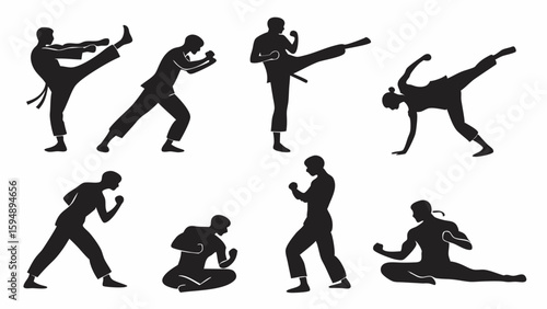 Collection of martial arts silhouettes. Men practicing karate, kung fu, and taekwondo poses. Sport training and self defense concept.