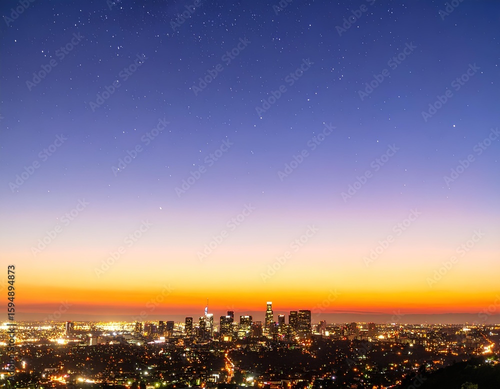 Fototapeta premium Cityscape at twilight with a gradient sky and distant stars