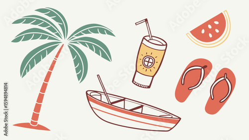Summer vacation beach travel elements set with palm tree boat flip flops drink and watermelon.