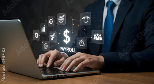 Efficient digital payroll management, businessman handling finances with interconnected icons.


