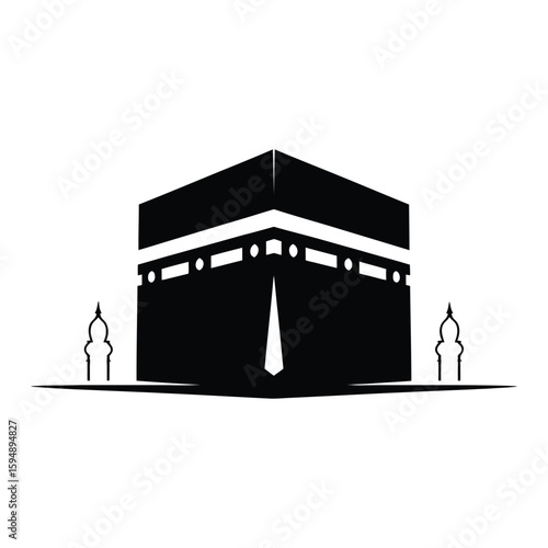 Stylized black and white illustration of the kaaba in mecca