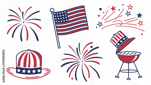 4th of July patriotic celebration with American flag, fireworks, Uncle Sam hat, and BBQ grill. Independence Day holiday.