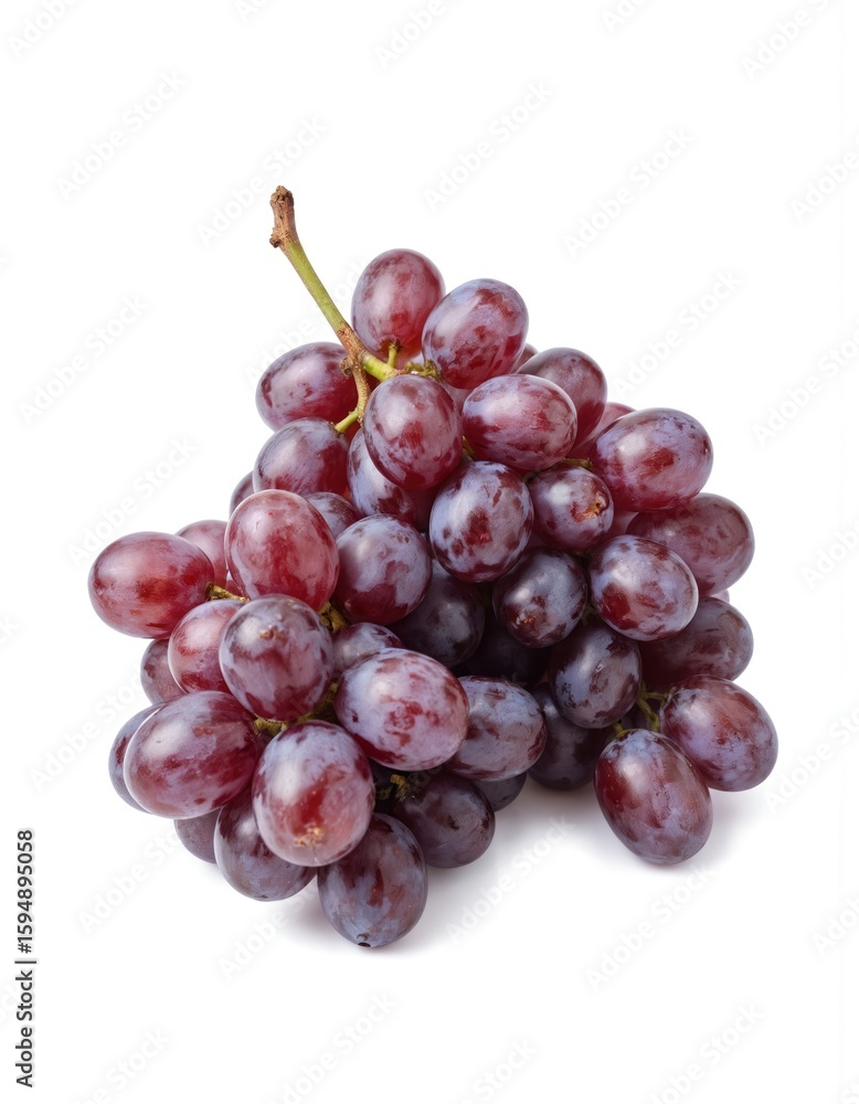 Fototapeta premium Cluster of fresh, juicy purple grapes with stems, isolated on a clean white background. These organic berries are perfect for healthy eating, offering natural sweetness and essential vitamins.