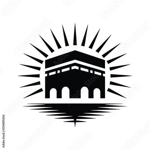 Stylized black and white icon of the kaaba in mecca with radiant sunburst