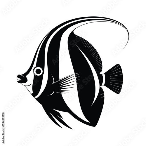 Black and white illustration of a moorish idol fish swimming