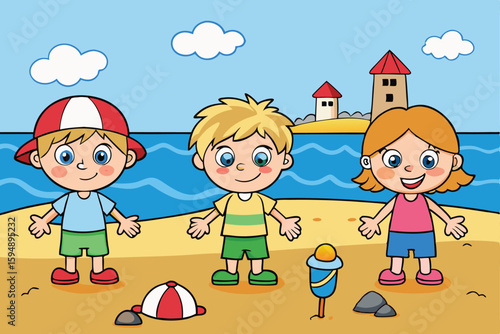 Vector illustration of happy children playing on the beach on a sunny day