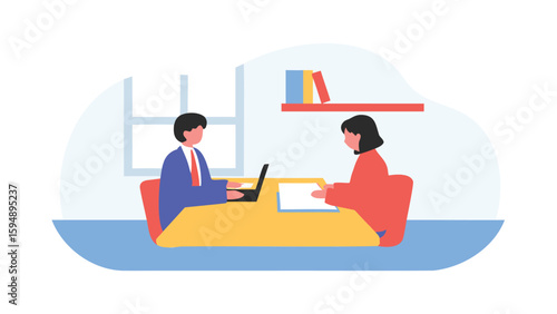 Two people sitting at a desk in an office with a laptop and paperwork discussing business matters