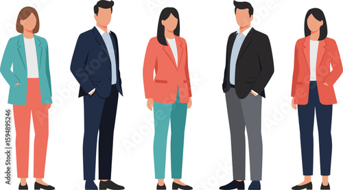 Business team illustration, professional people in formal attire, corporate teamwork, group diversity concept, modern office style, flat design characters