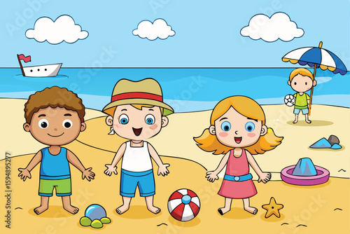 Vector illustration of happy children playing on the beach on a sunny day