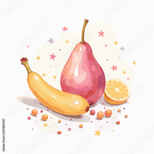 Watercolor fruit composition with pink pear yellow banana and lemon slice surrounded by stars for kids room