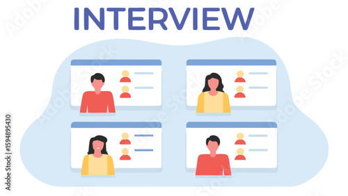 Illustration of four people in video conference call for interview process online meeting setup