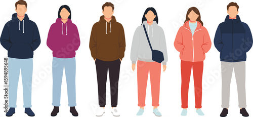 Casual fashion group illustration, young people in hoodies and jackets, modern urban clothing style, streetwear outfit collection, flat vector design