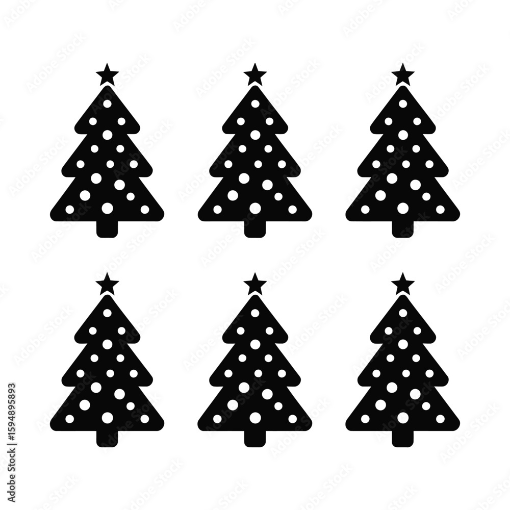Obraz premium Six black silhouette christmas trees with white stars and ornaments