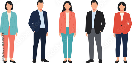 Business team illustration, professional people in formal attire, corporate teamwork, group diversity concept, modern office style, flat design characters