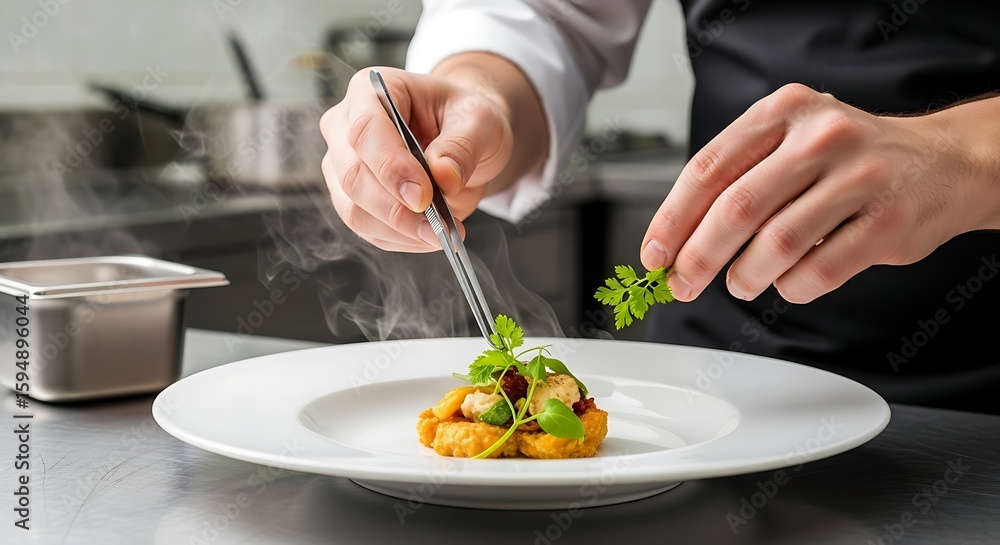 Chef Garnishing Gourmet Dish in Steamy Kitchen – Precision and Culinary Artistry Chef Garnishing Gourmet Dish in Steamy Kitchen – Precision and Culinary Artistry