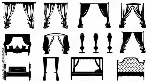 Collection of silhouettes featuring various bed styles, curtains, and decorative finials in black and white