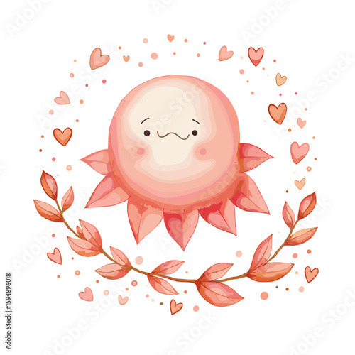 Sad peach-colored round character with petal appendages surrounded by autumn leaves and hearts, watercolor illustration for sympathy