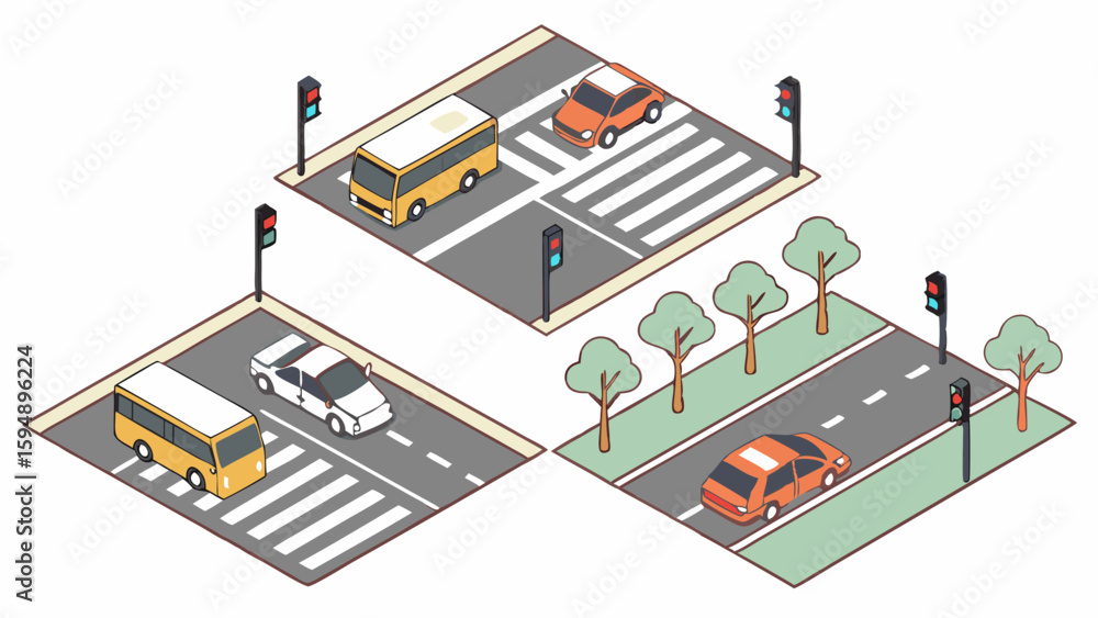 Urban city road traffic scenes with cars, bus, traffic lights, and crosswalks. Isometric vector illustration. Urban city road traffic scenes with cars, bus, traffic lights, and crosswalks. Isometric vector illustration.