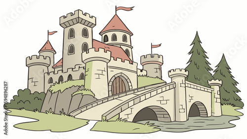 Cartoon medieval castle with bridge and river. Fairytale kingdom architecture illustration for kids storybook or fantasy theme.