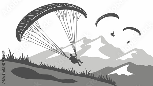 Paragliding sport in mountains. People flying in the sky. Adventure, freedom, and extreme outdoor activity.