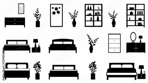 Illustration of bedroom furniture including beds dressers bookshelves plants and decorative wall art pieces silhouette