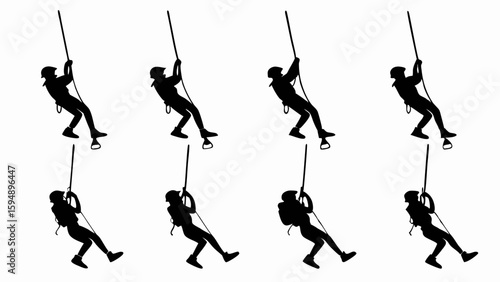 Rappelling people silhouettes. Outdoor adventure sport, extreme activity, descending on rope, challenge, thrill, isolated.