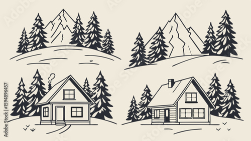 Hand drawn illustrations set of mountain landscapes, forest trees, and cozy cabins. Vintage black and white nature art for outdoor designs.