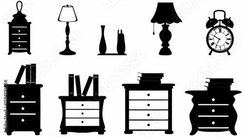 Silhouette illustration of furniture including dressers lamps vases books and an alarm clock design