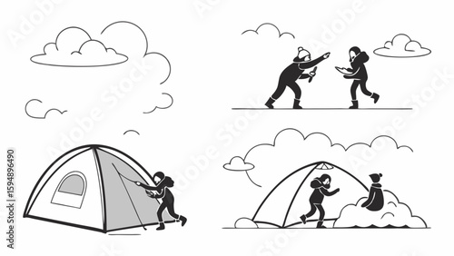 Winter outdoor activities set. People camping, having snowball fight, setting up tent. Cold weather fun and nature adventure.