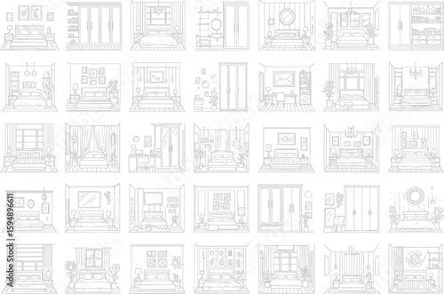 Collection of architectural interior design sketches and floor plans