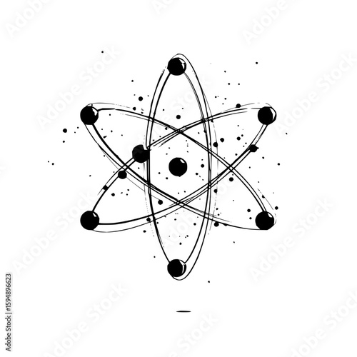 Stylized black and white atom illustration with orbital paths and scattered dots on a white background