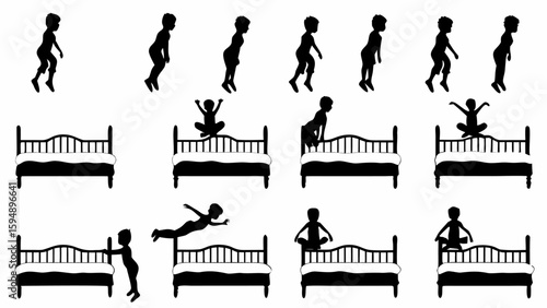Silhouette sequence showing a child jumping on a bed in various poses and actions in a playful manner
