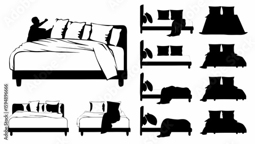 Illustrations of beds with pillows and blankets in various states of disarray and silhouettes of beds