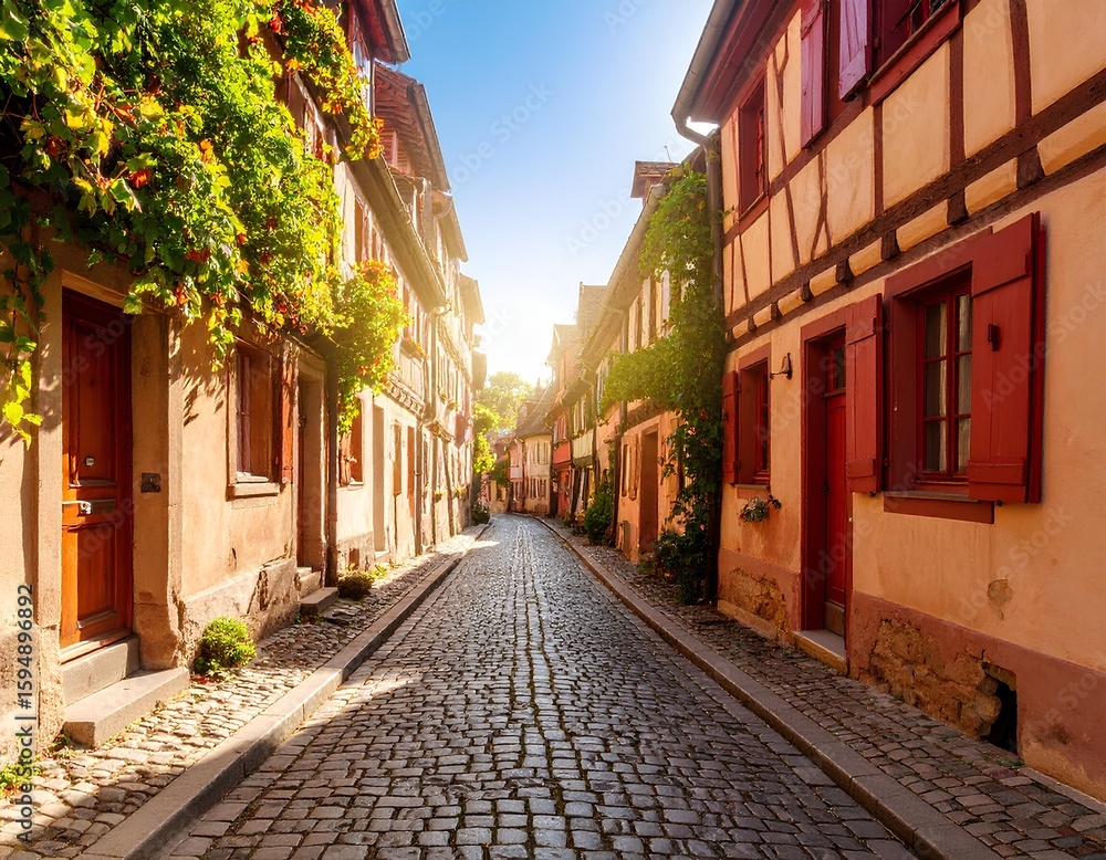 Fototapeta premium Charming cobblestone street lined with historic half timbered houses in sunlight