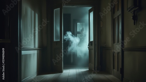 Exploring haunted house ghost apparition spooky hallway paranormal activity investigation