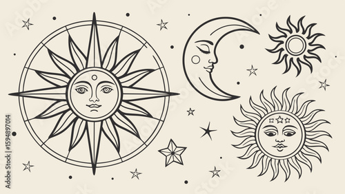 Celestial sun moon stars vector illustration set. Boho vintage mystical cosmic sky outline graphic design elements.