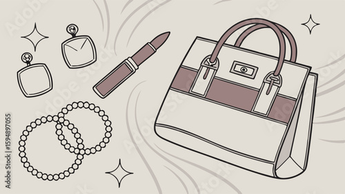 Fashion accessories flat lay with elegant handbag pearl bracelets earrings and lipstick for beauty and style concept