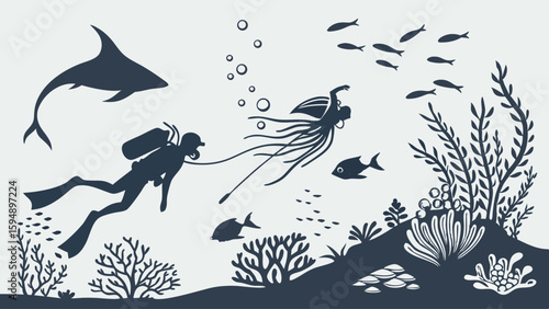 Underwater Scuba Diving with Divers, Shark, Fish, and Coral Reef. Ocean Exploration and Marine Life.