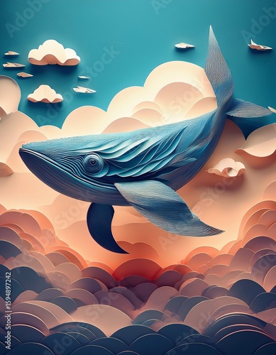 origami whale floating in the sky, soft clouds behind__ 