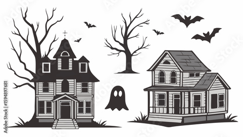 Halloween haunted house vector set with spooky ghost, bats, and bare trees. Creepy old houses illustration.
