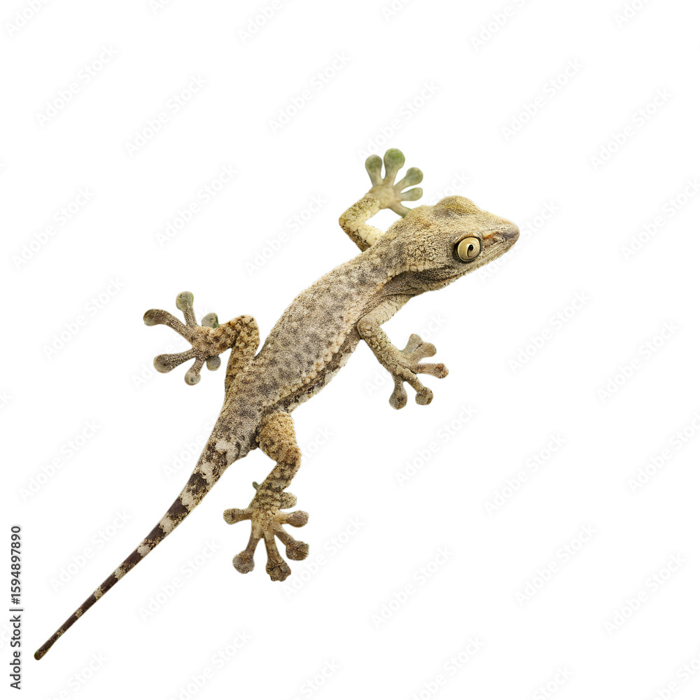 Naklejka premium A close-up of a brown gecko with distinctive toe pads, climbing on a black surface. The gecko has a long tail and textured skin.