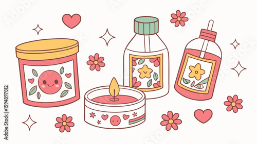 Cute self-care beauty products flat illustration. Kawaii skincare, cosmetic bottles, candle, flowers. Wellness and relaxation.