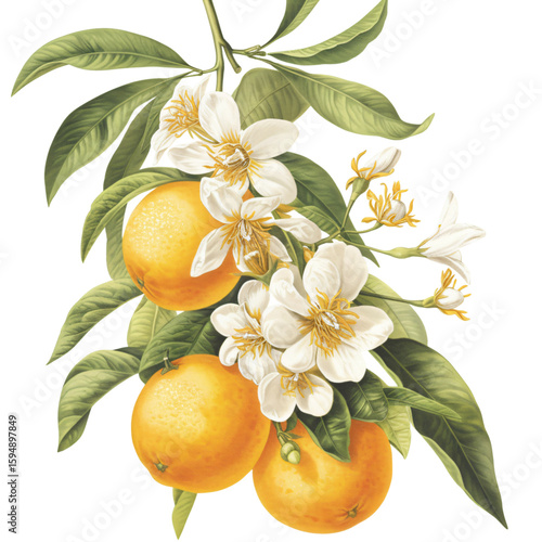 Orange branch with ripe oranges, white blossoms, and green leaves illustration botanic drawing on transparent background plant.