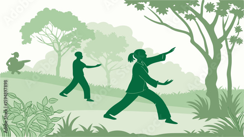 People doing Tai Chi Qigong outdoor exercise in park. Green silhouette for health wellness mindfulness.