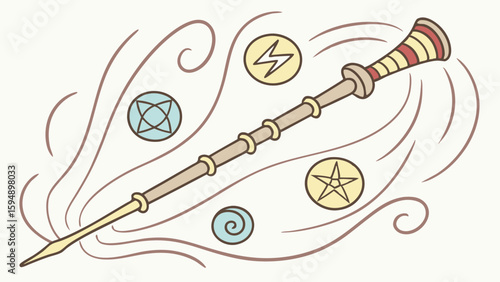 Magical wizard wand with mystical symbols and swirling energy. Fantasy sorcerer staff, spell casting, enchantment vector.