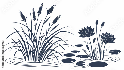 Water plants illustration. Reeds, cattails, and water lilies in a pond or lake. Nature wetland environment design.