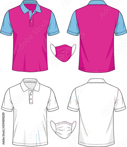 CAD drawing flat vector illustration, polo shirt front and back views, color-block mask set, casualwear fashion design, garment template