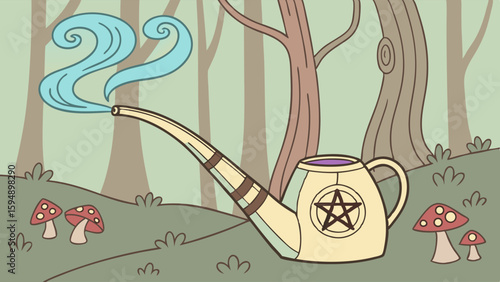 Mystical watering can with pentagram in an enchanted forest. Blue steam and red mushrooms. Magic and pagan nature.